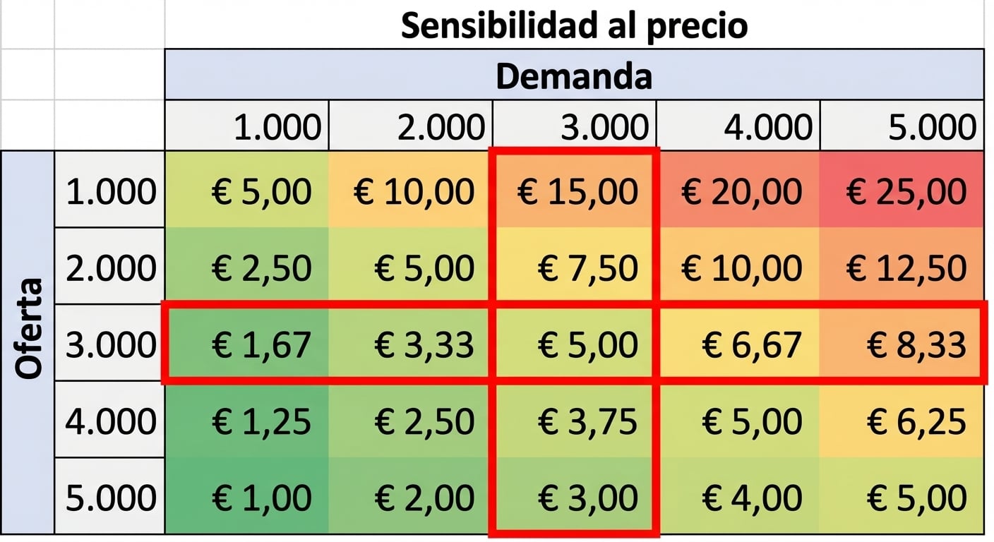 Tabla de sensibilidad donde la demanda es igual a la oferta