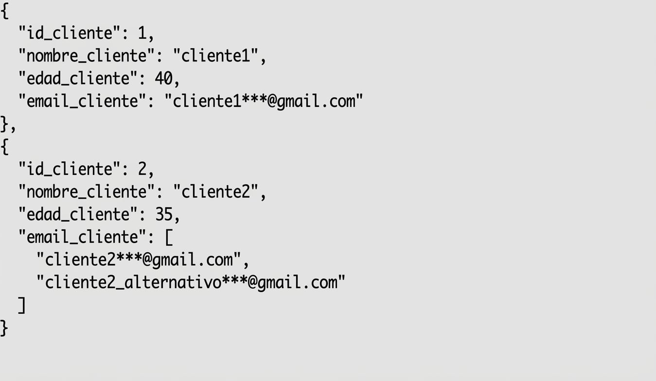 Datos semiestructurados de clientes en formato JSON, con el cliente 2 teniendo dos correos electrónicos.