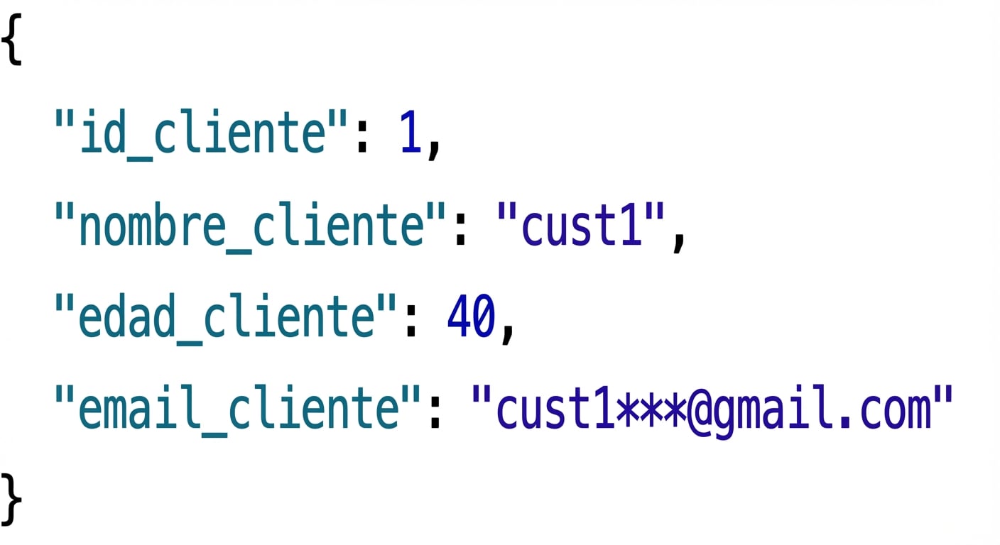 Ejemplo de registros JSON de clientes con ID de cliente, nombre, edad y correo electrónico.