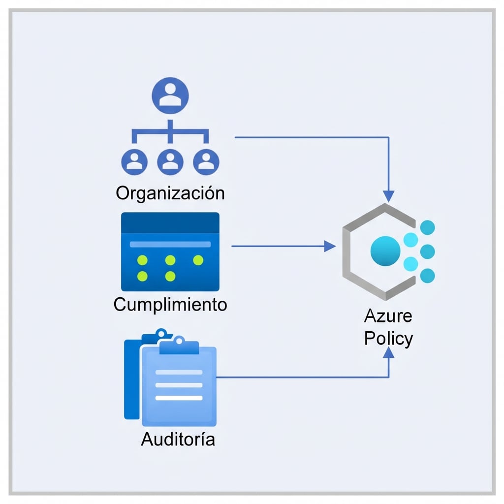Cuadro de colores con imágenes de organización, cumplimiento y auditoría apuntando al icono de Azure Policy