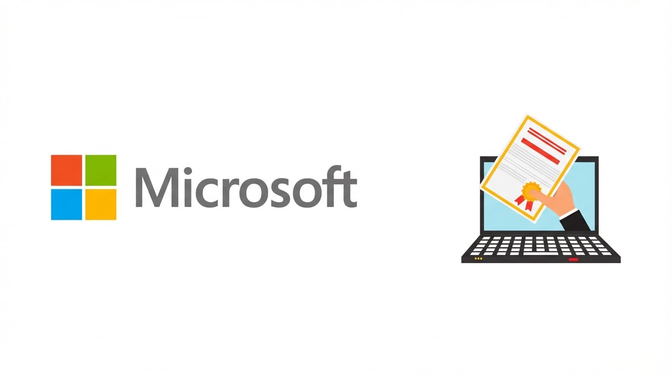 Logo de Microsoft con un portátil que muestra un certificado