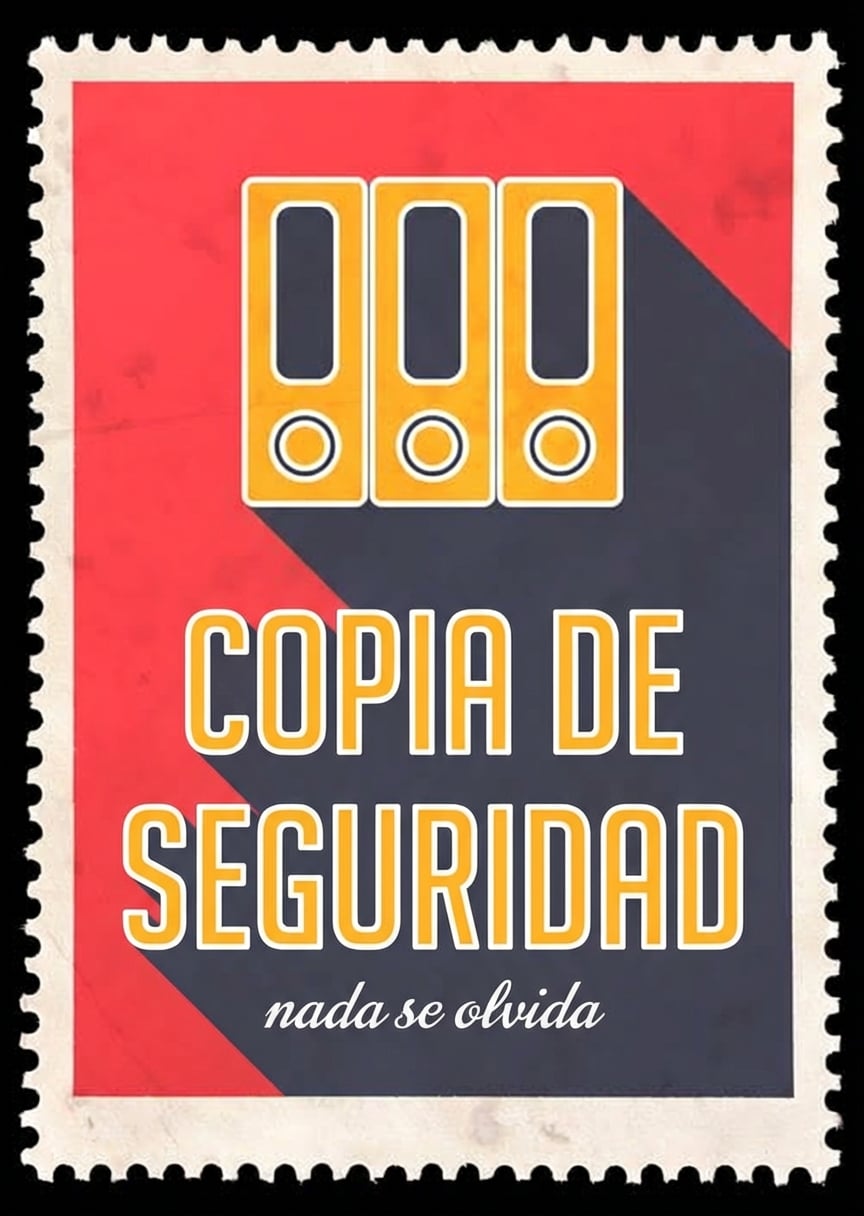 Sello que dice copia de seguridad y muestra discos duros