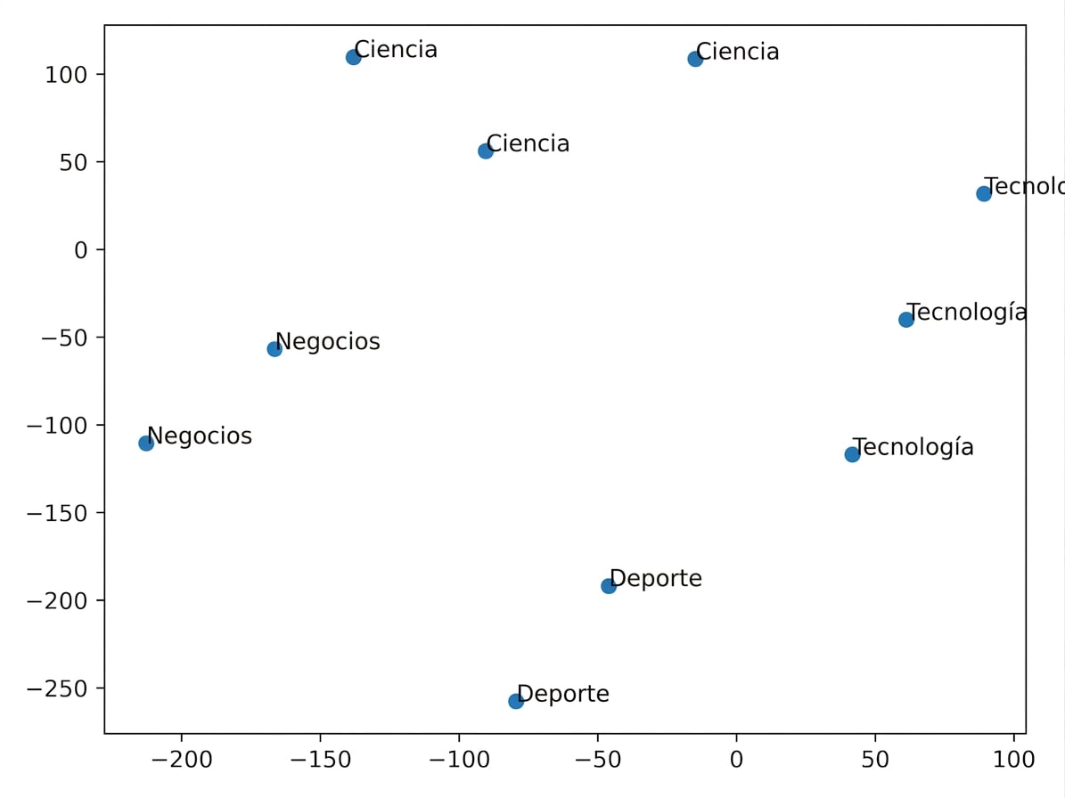 Un gráfico de un espacio vectorial 2D que muestra que reseñas con el mismo sentimiento y tema quedan más próximas en el espacio.