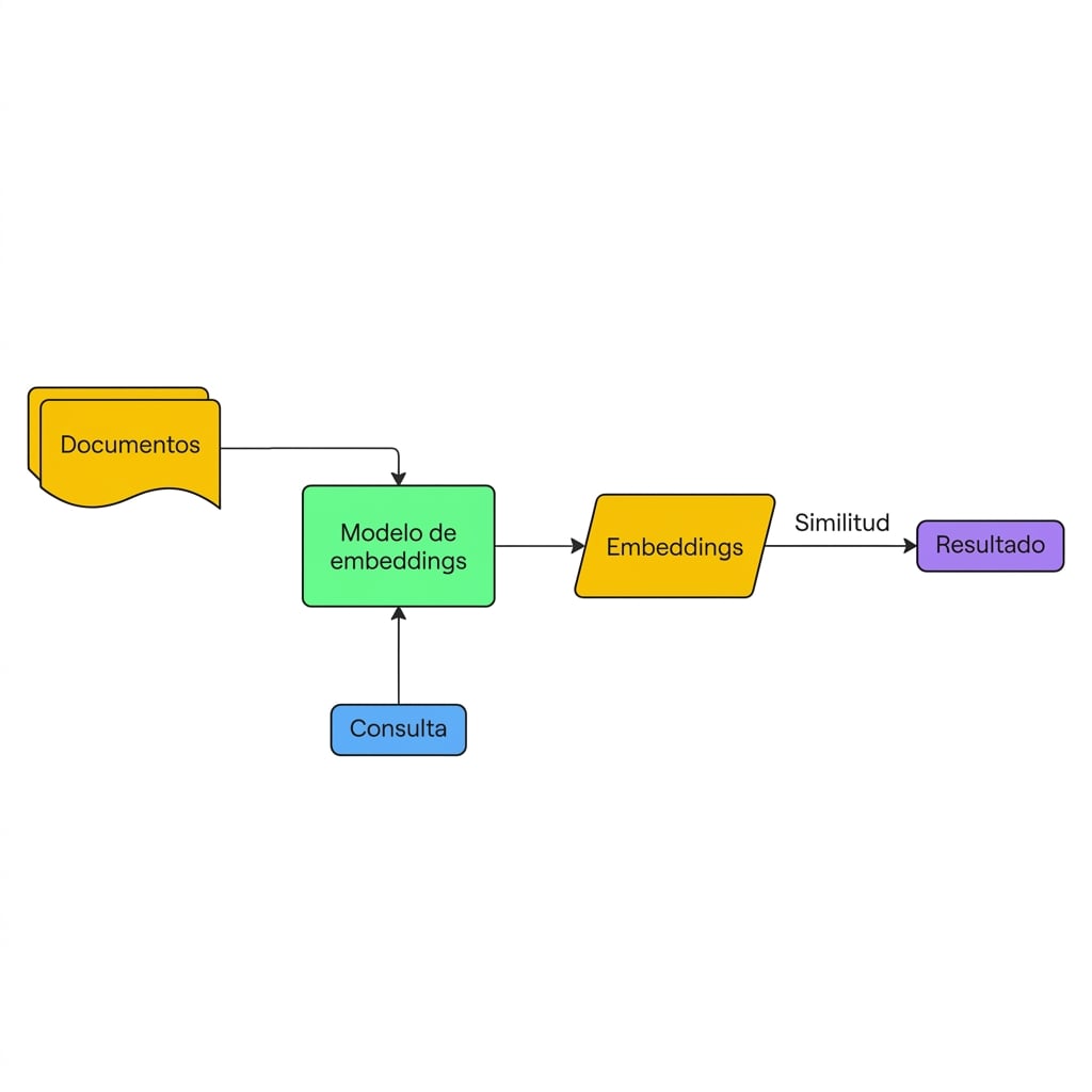 Un diagrama que muestra cómo los documentos y la consulta se convierten en embeddings en cada consulta sin solución de almacenamiento.