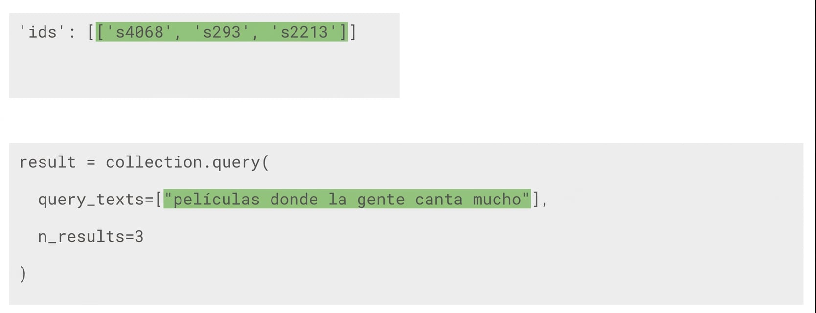 El texto de la consulta aparece resaltado junto con los id de los tres resultados que generó.