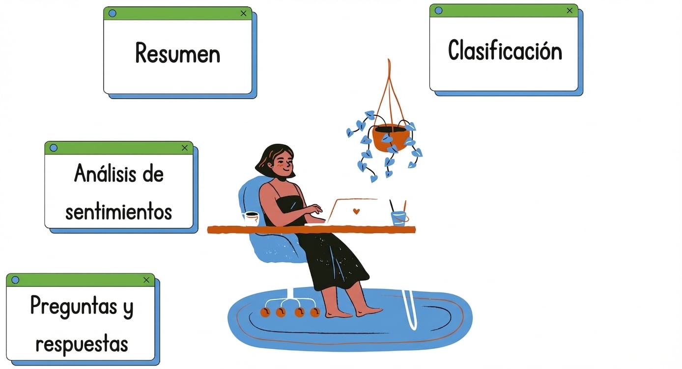 Persona sentada en un escritorio con varias tareas a su alrededor que ilustran clasificación de texto, resumen, análisis de sentimiento y preguntas y respuestas