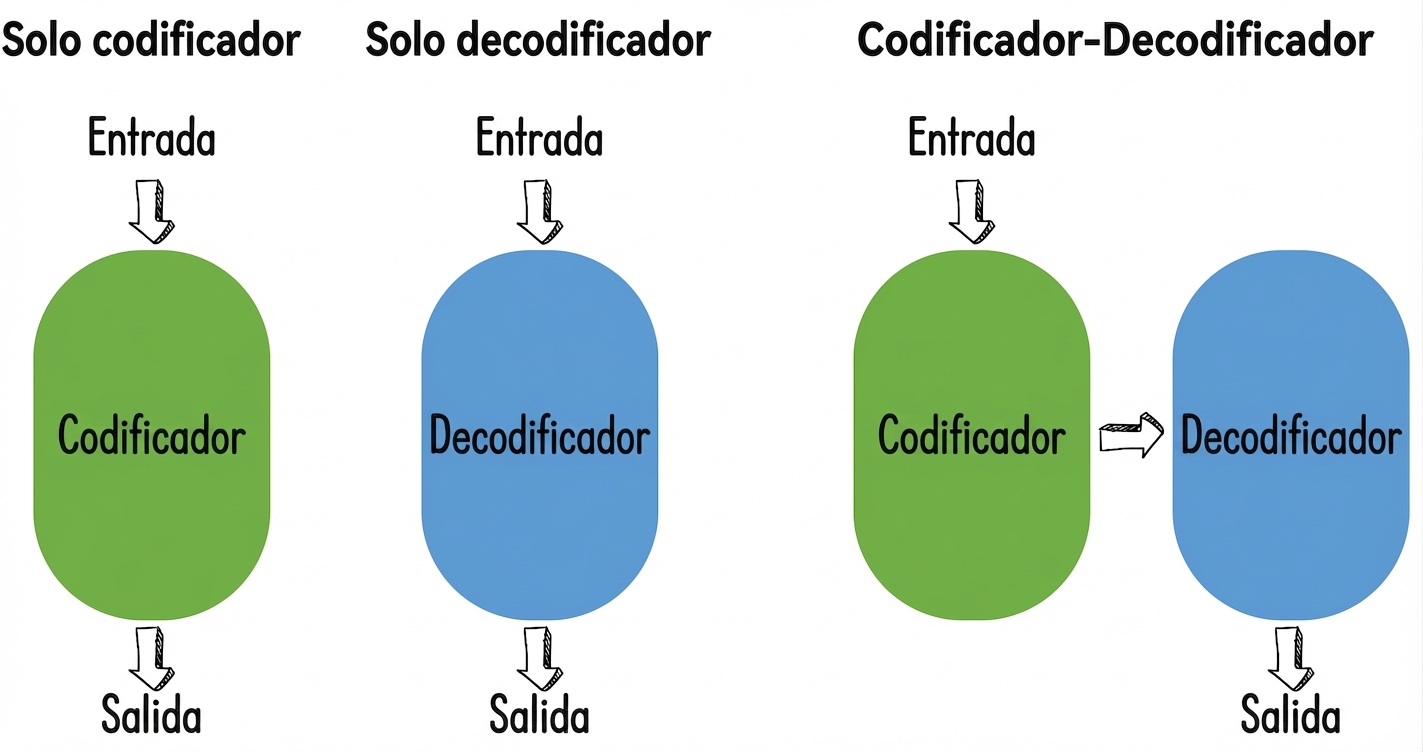 Ilustración de tres arquitecturas transformer: solo codificador, solo decodificador y codificador-decodificador