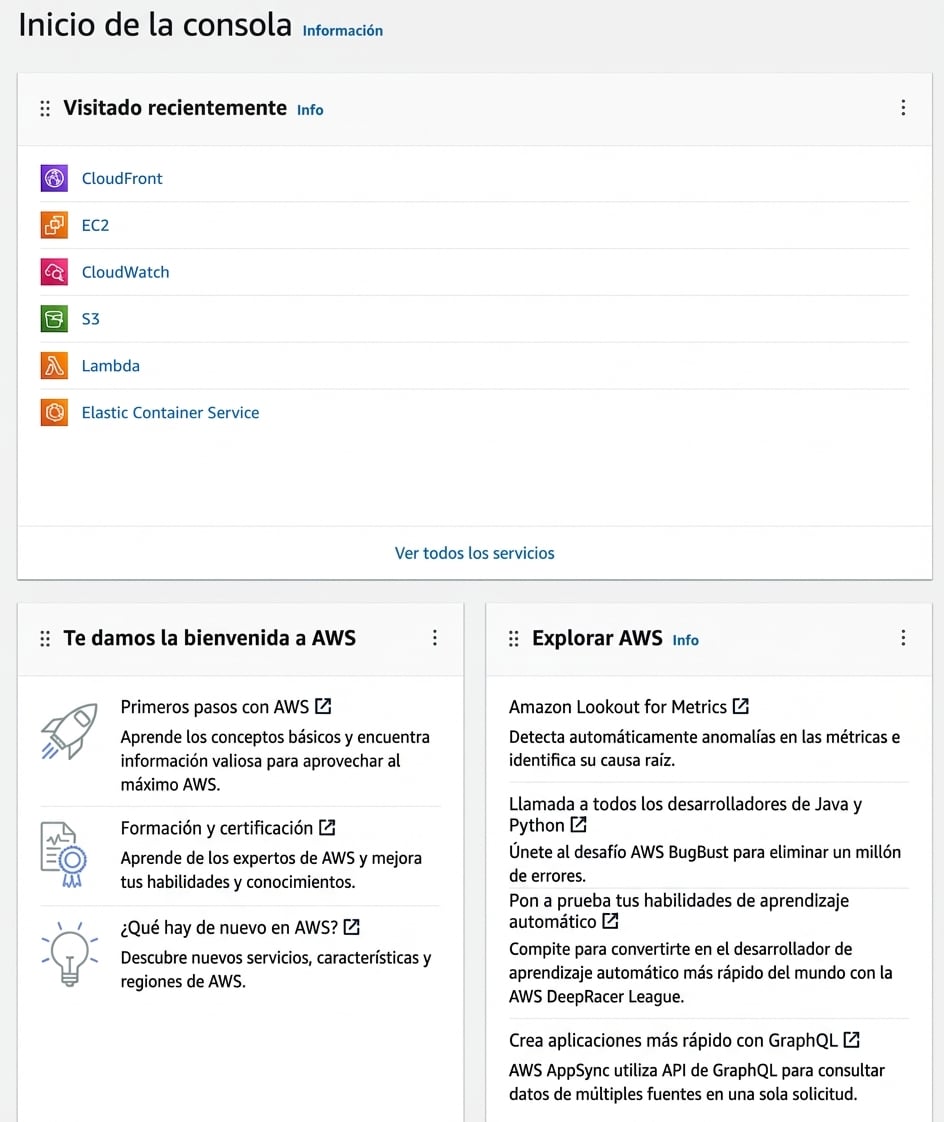 Página de inicio de la consola de AWS