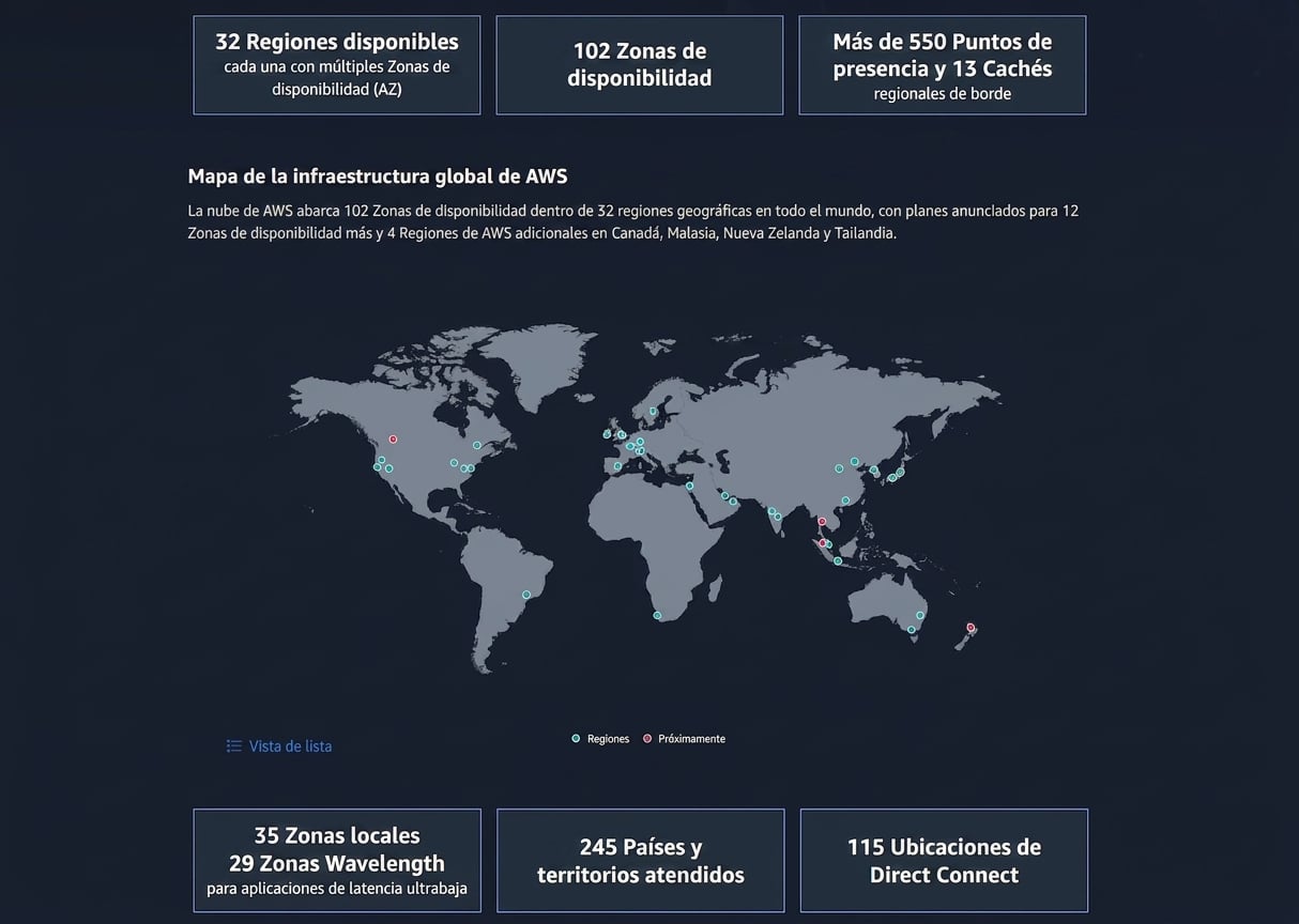Imagen de un globo con nodos distribuidos que muestran la diversidad geográfica de AWS