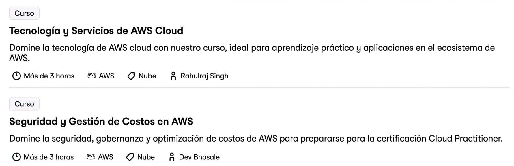 Otros cursos de AWS en DataCamp: AWS Cloud Technology and Services y AWS Security and Cost Management