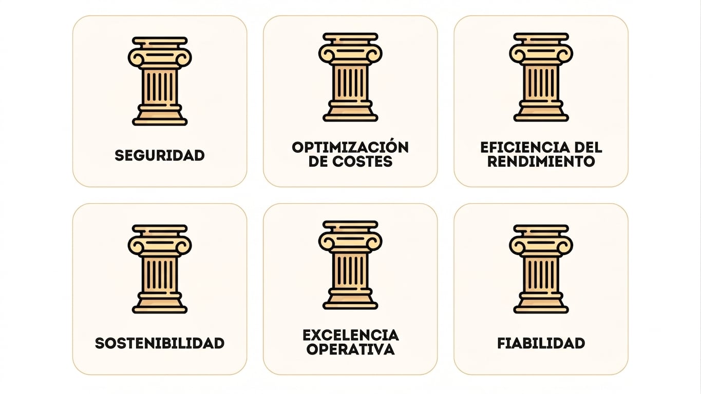 Los seis pilares del marco: Seguridad, Optimización de costos, Eficiencia del rendimiento, Sostenibilidad, Excelencia operativa y Fiabilidad