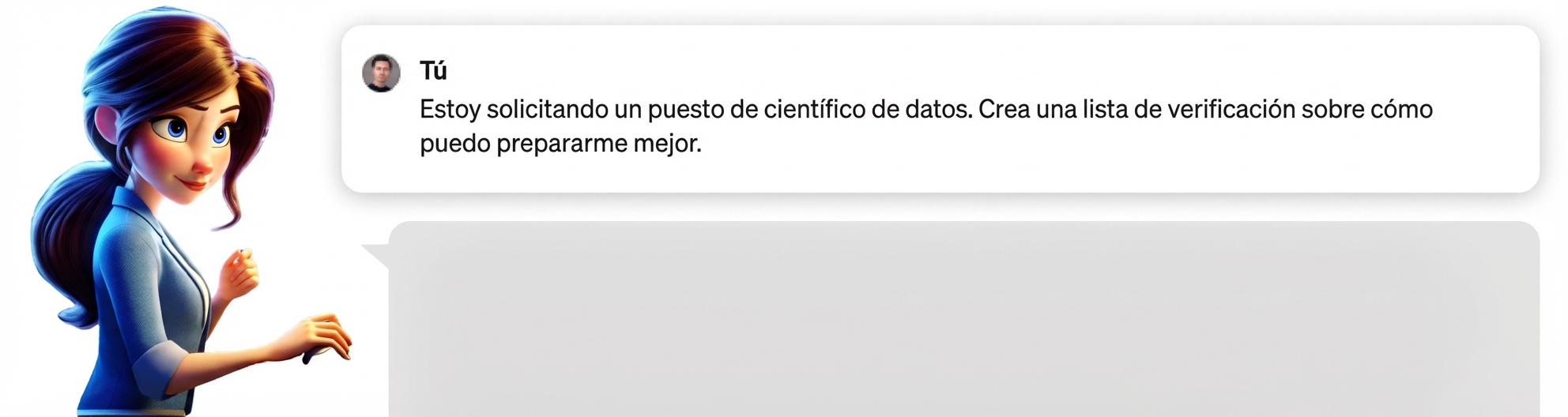 Una persona con un prompt "Voy a solicitar un trabajo como científico de datos, crea una lista de comprobación sobre cómo puedo prepararme mejor"