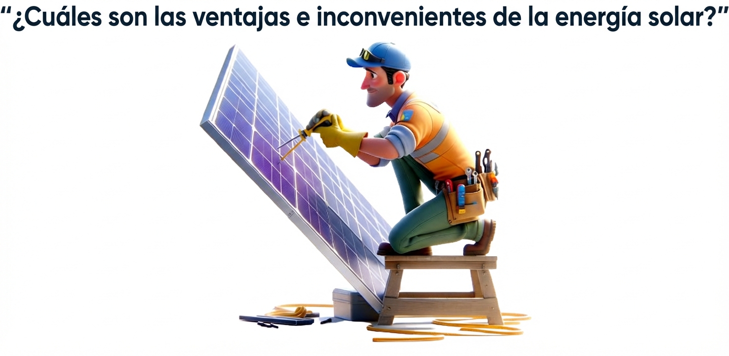 Persona que trabaja en un panel solar y el prompt "¿cuáles son las ventajas y los inconvenientes de la energía solar?"