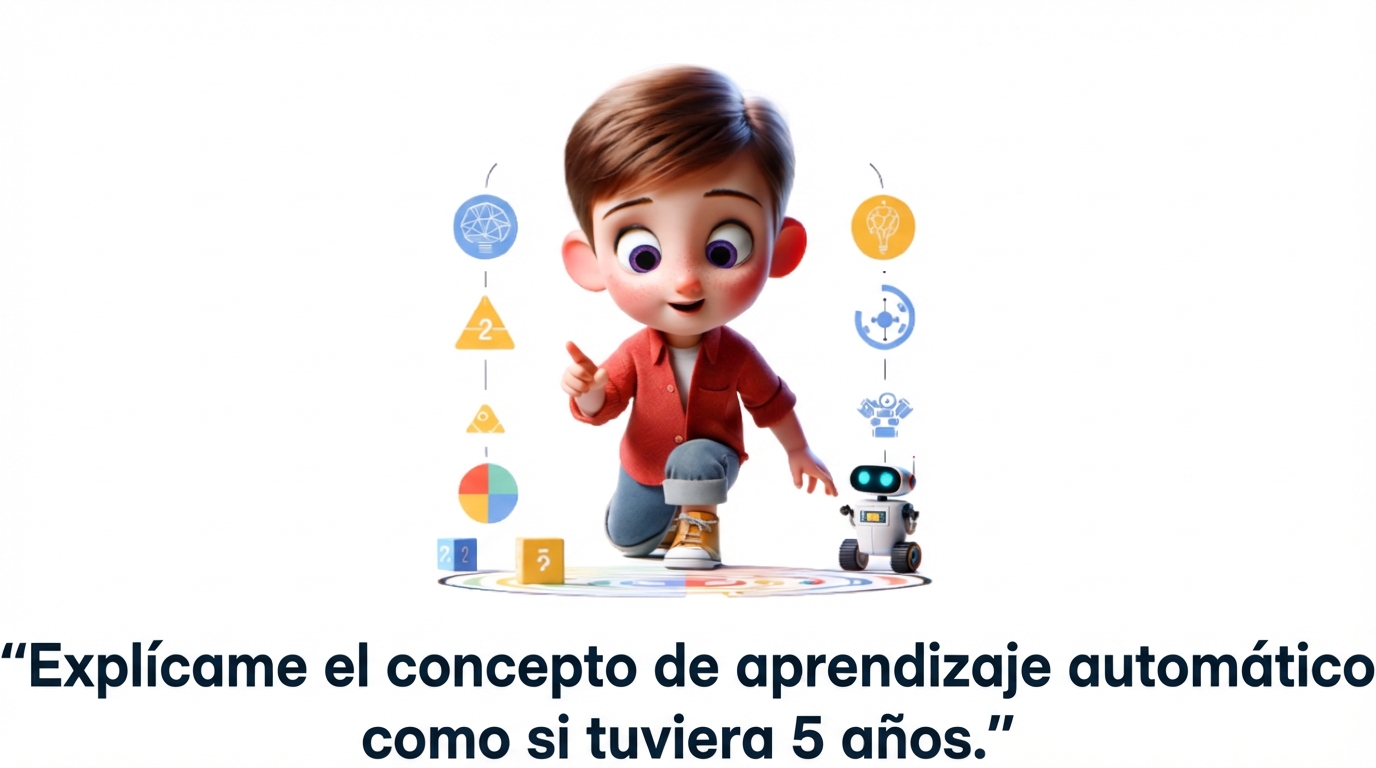 Ilustración de un niño de 5 años y el prompt "explica el concepto de machine learning como si fuera un niño de 5 años"