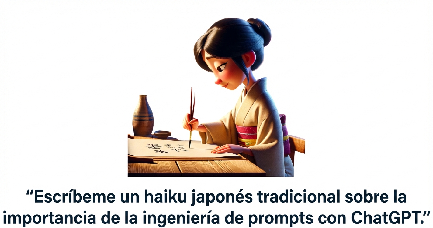 Una persona escribiendo un haiku y el prompt "escríbeme un haiku tradicional japonés sobre la importancia de la ingeniería con chatgpt"