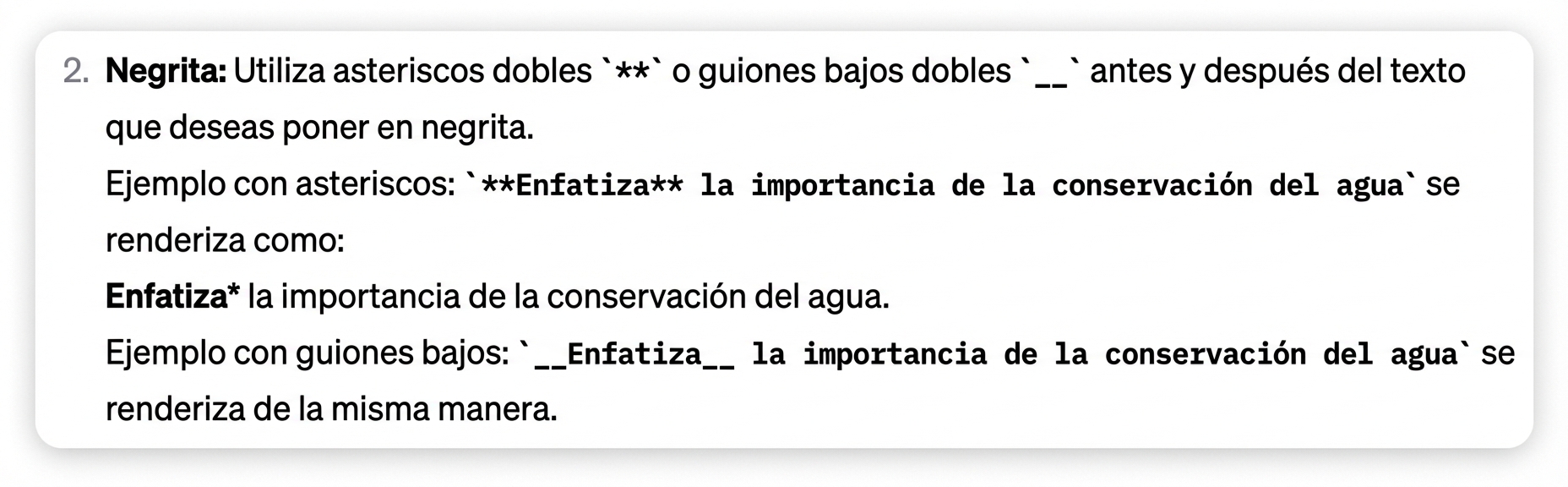 Ejemplos de enfatizar texto con asteriscos o guiones bajos