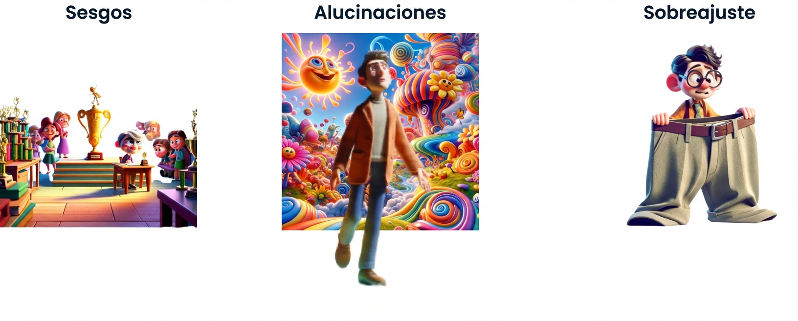 Dibujo de un niño sentado en un pupitre con un premio mientras le observan otros niños, una persona alucinando y un joven con unos pantalones cómicamente grandes