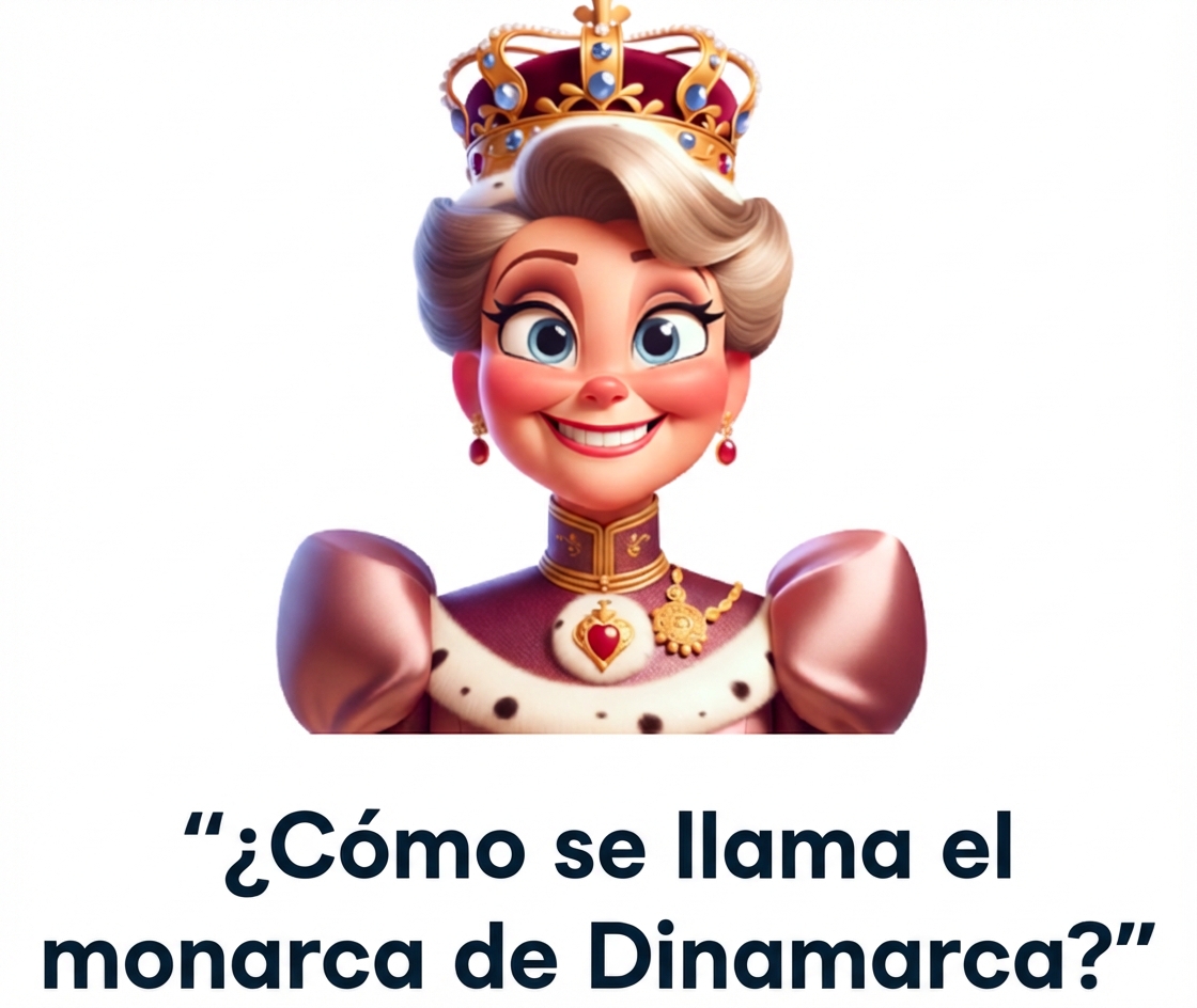 Un monarca de aspecto feliz con la pregunta "¿cómo se llama el monarca de Dinamarca?"