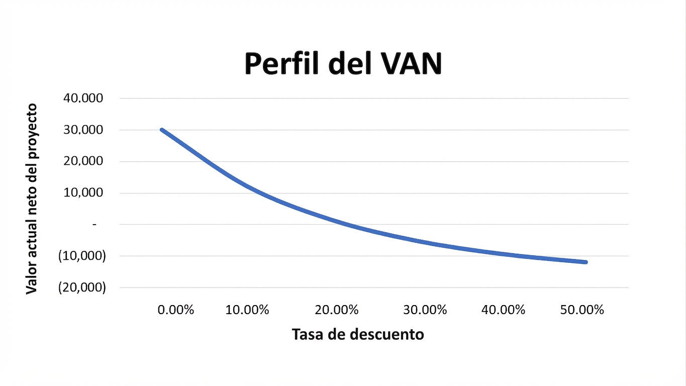 Gráfico de líneas con VAN en el eje y y tasas de descuento en el eje x. La relación es exponencialmente negativa.