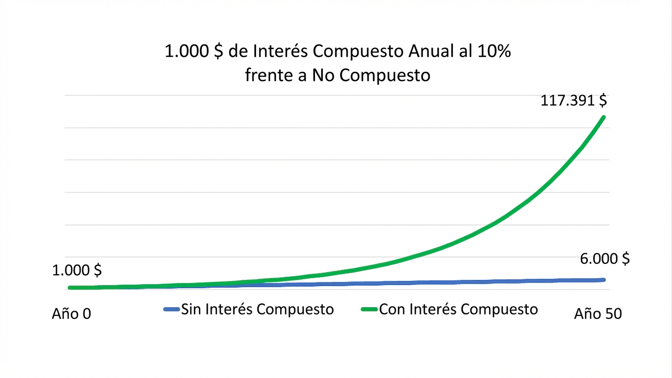 gráfico que muestra la diferencia entre 1000 $ con capitalización anual y sin capitalizar en 50 años