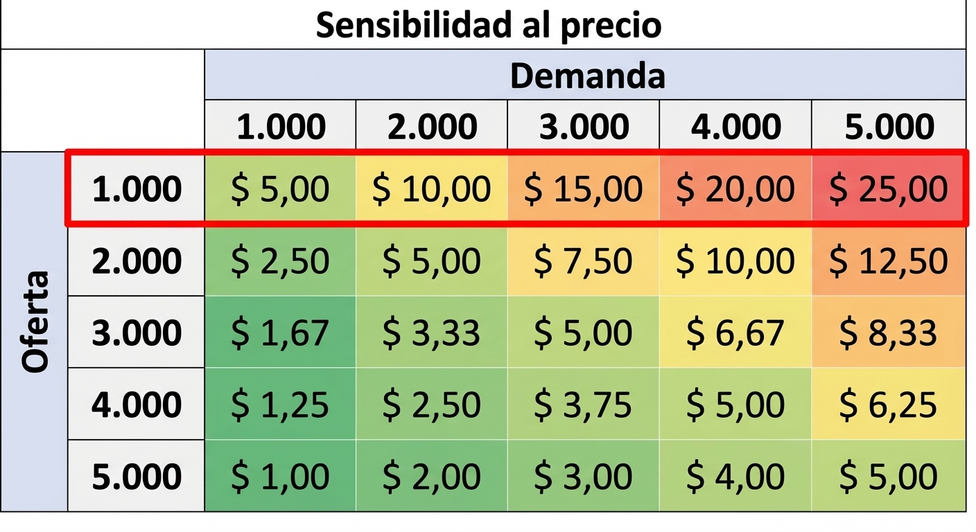 tabla de sensibilidad con la fila y la columna donde la oferta es menor que la demanda resaltadas
