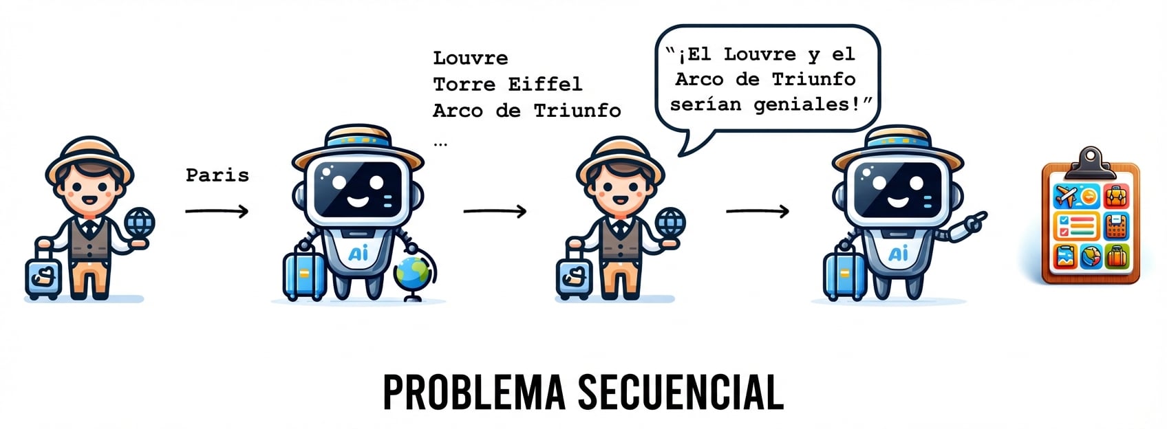 Este flujo de trabajo de itinerario de viaje es un ejemplo de un problema secuencial.