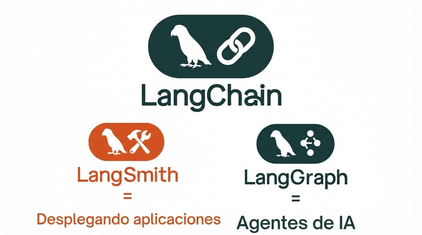 El ecosistema LangChain, compuesto por LangChain, LangSmith y LangGraph.