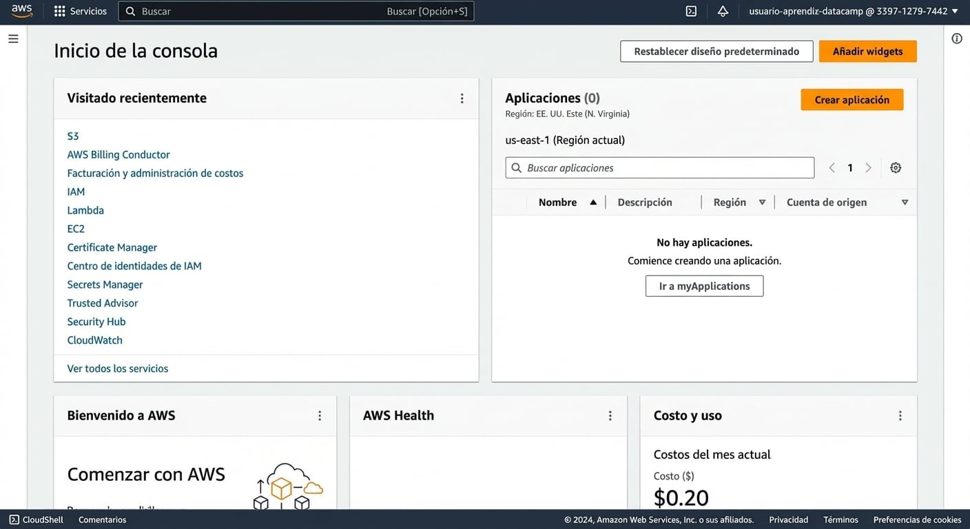 Página de inicio de AWS en el sandbox