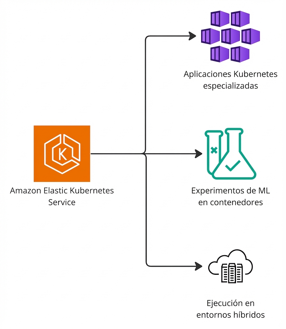 Un diagrama ramificado que destaca el soporte de Elastic Kubernetes Service para Kubernetes, aprendizaje automático y entornos híbridos.