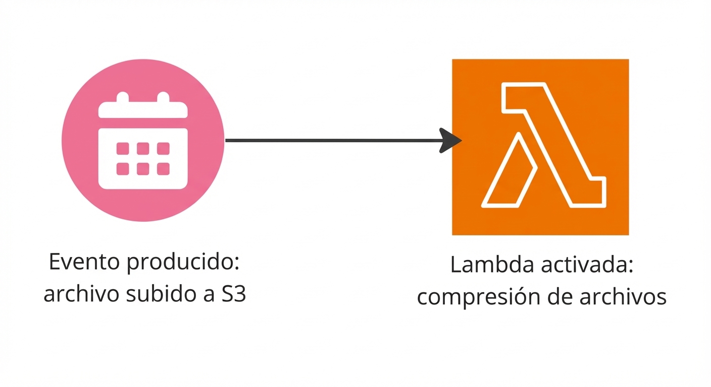 Un diagrama de flujo que muestra una función Lambda activada tras subir un archivo a S3.