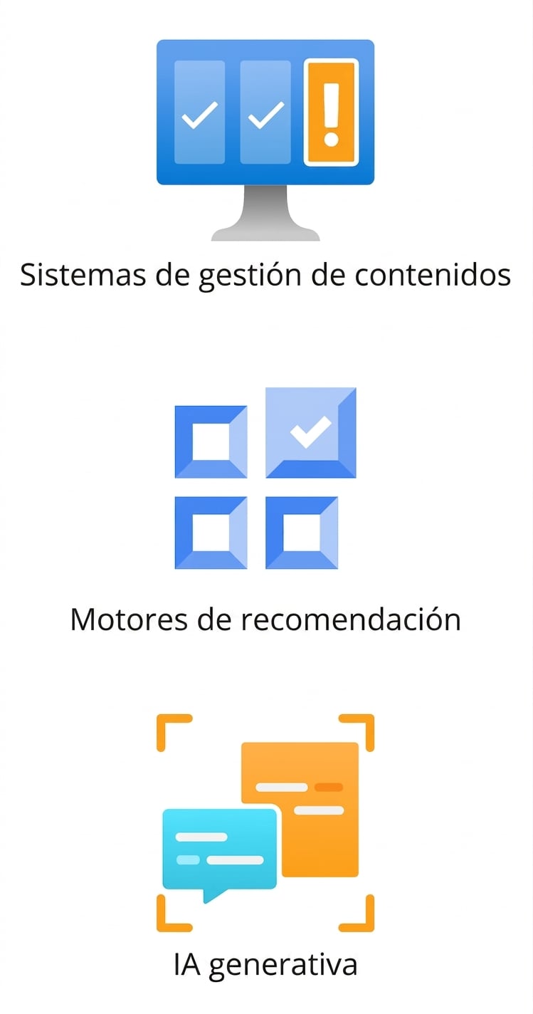 Iconos que muestran sistemas de gestión de contenido, motores de recomendación e IA generativa.