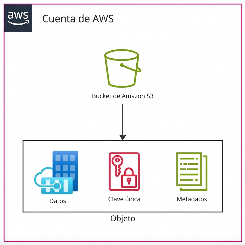Un diagrama jerárquico que muestra la relación entre una cuenta de AWS, un bucket de S3 y objetos.