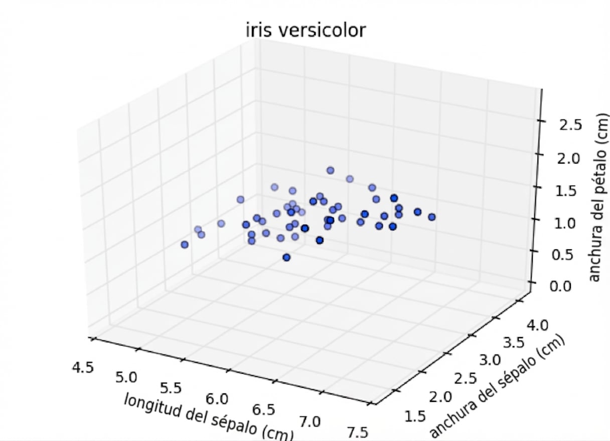 Puntos de versicolor en 3D: largo del sépalo vs ancho del sépalo vs ancho del pétalo