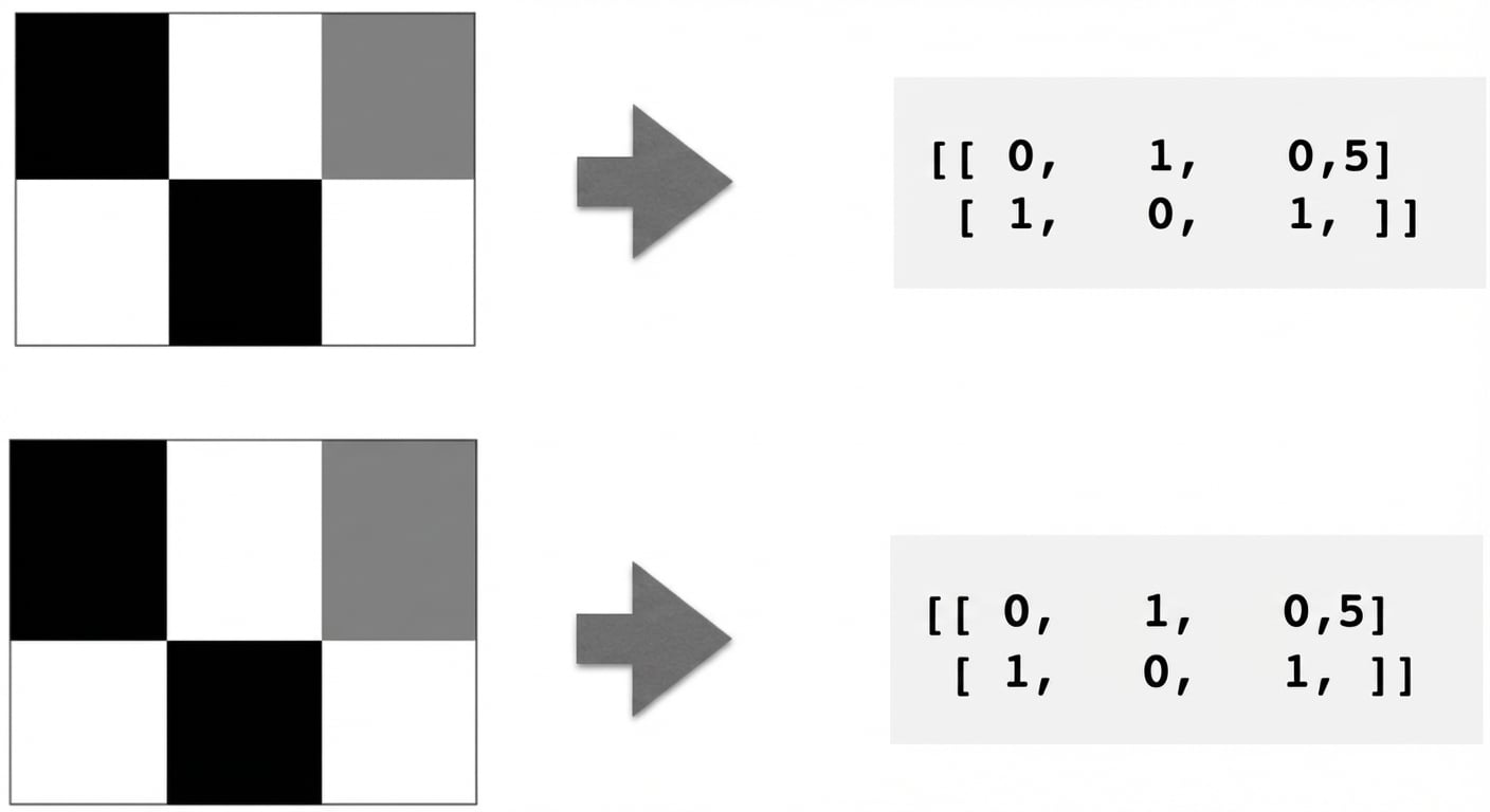 rectángulo 2×3 de píxeles con distintos tonos de blanco/negro/gris