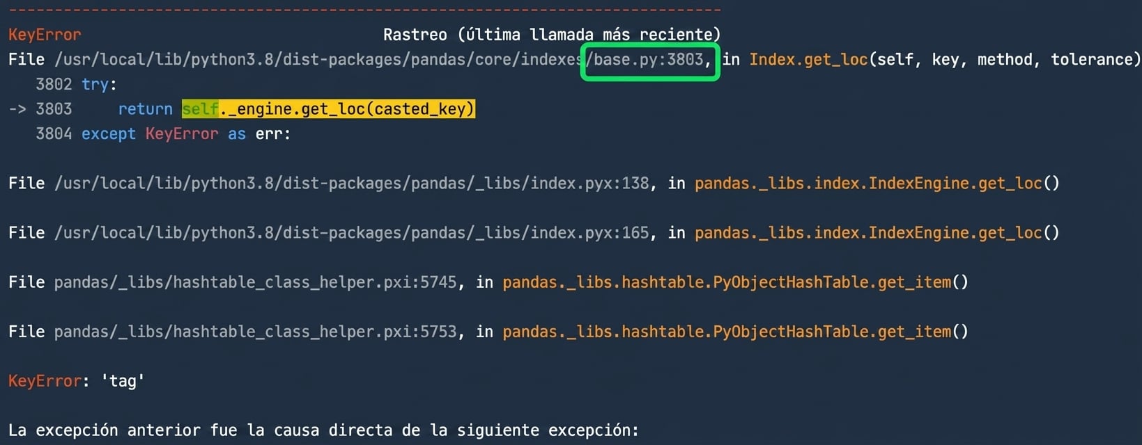 Traceback con base.py resaltado