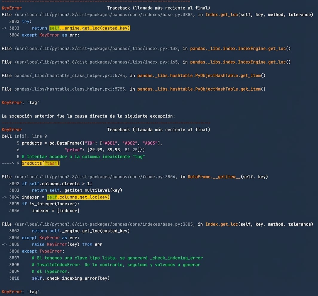 Traceback al intentar filtrar un DataFrame de pandas por una columna inexistente