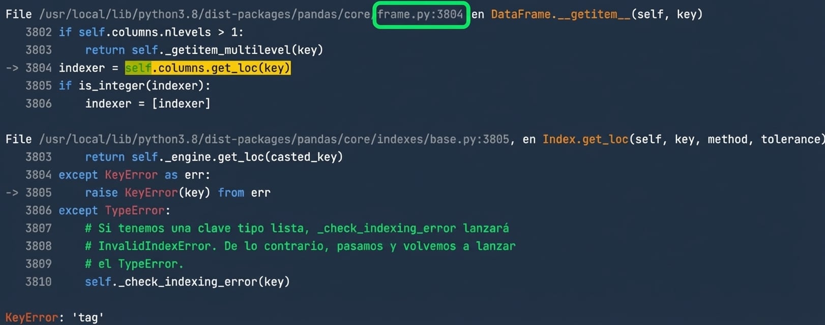 Traceback que muestra código que devuelve un error intencionalmente