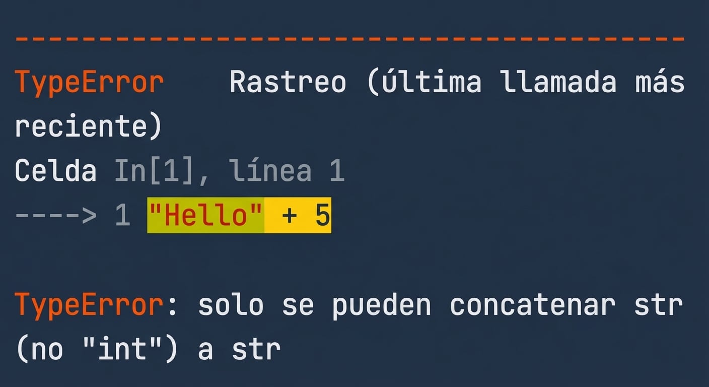 Salida de TypeError que muestra que cadenas e enteros no se pueden combinar