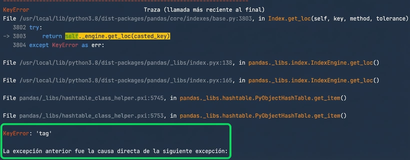 Traceback con KeyError resaltado