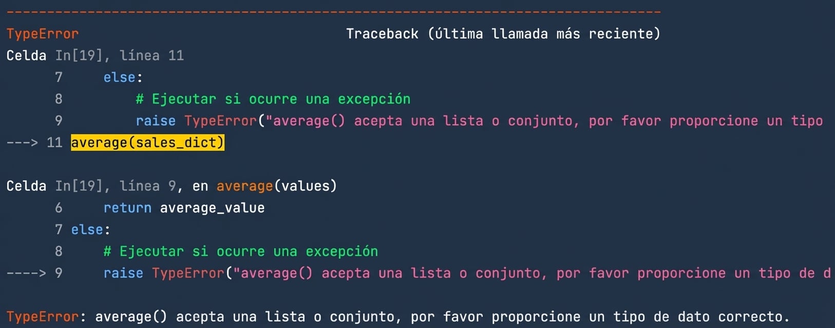Salida de TypeError con el mensaje personalizado para proporcionar el tipo de dato correcto