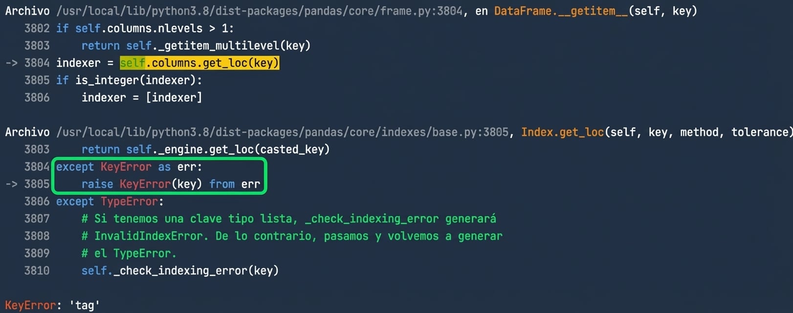 Traceback con Raised resaltado