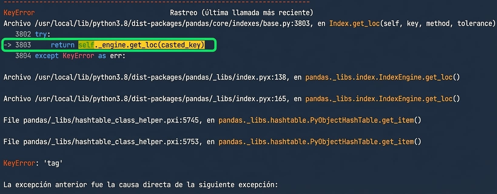 Traceback con la línea 3803 resaltada