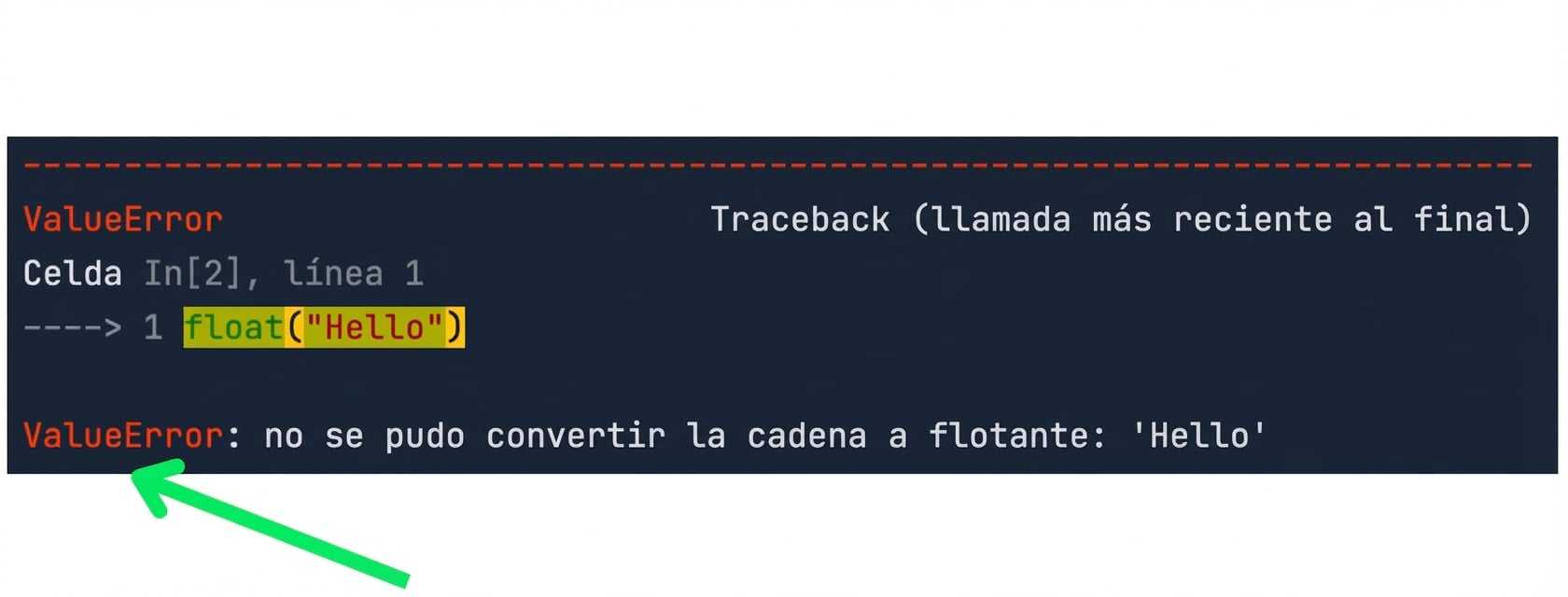 Mensaje de traceback destacando el tipo de error