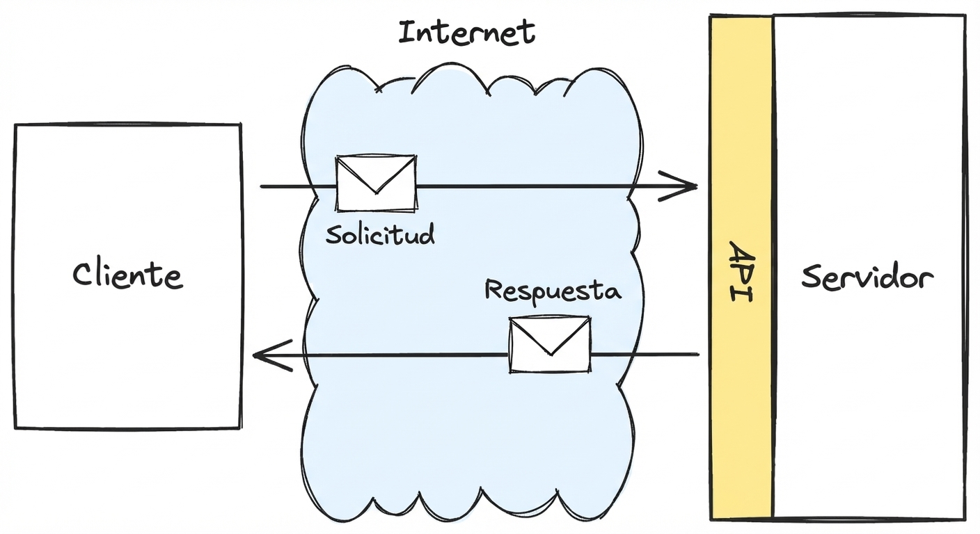 Un diagrama que muestra la interacción cliente-servidor por internet vía una API, con mensajes de solicitud y respuesta etiquetados.