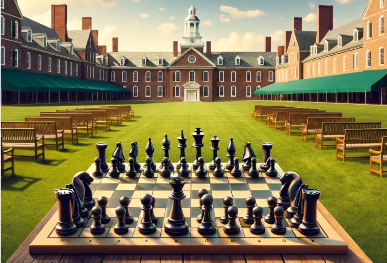 Imagen del césped de la universidad de Dartmouth y un tablero de ajedrez colocado sobre él