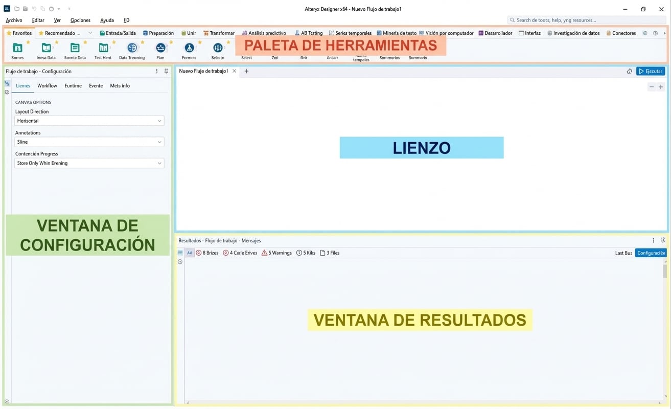 Imagen de la interfaz de Alteryx con las áreas clave resaltadas y etiquetadas