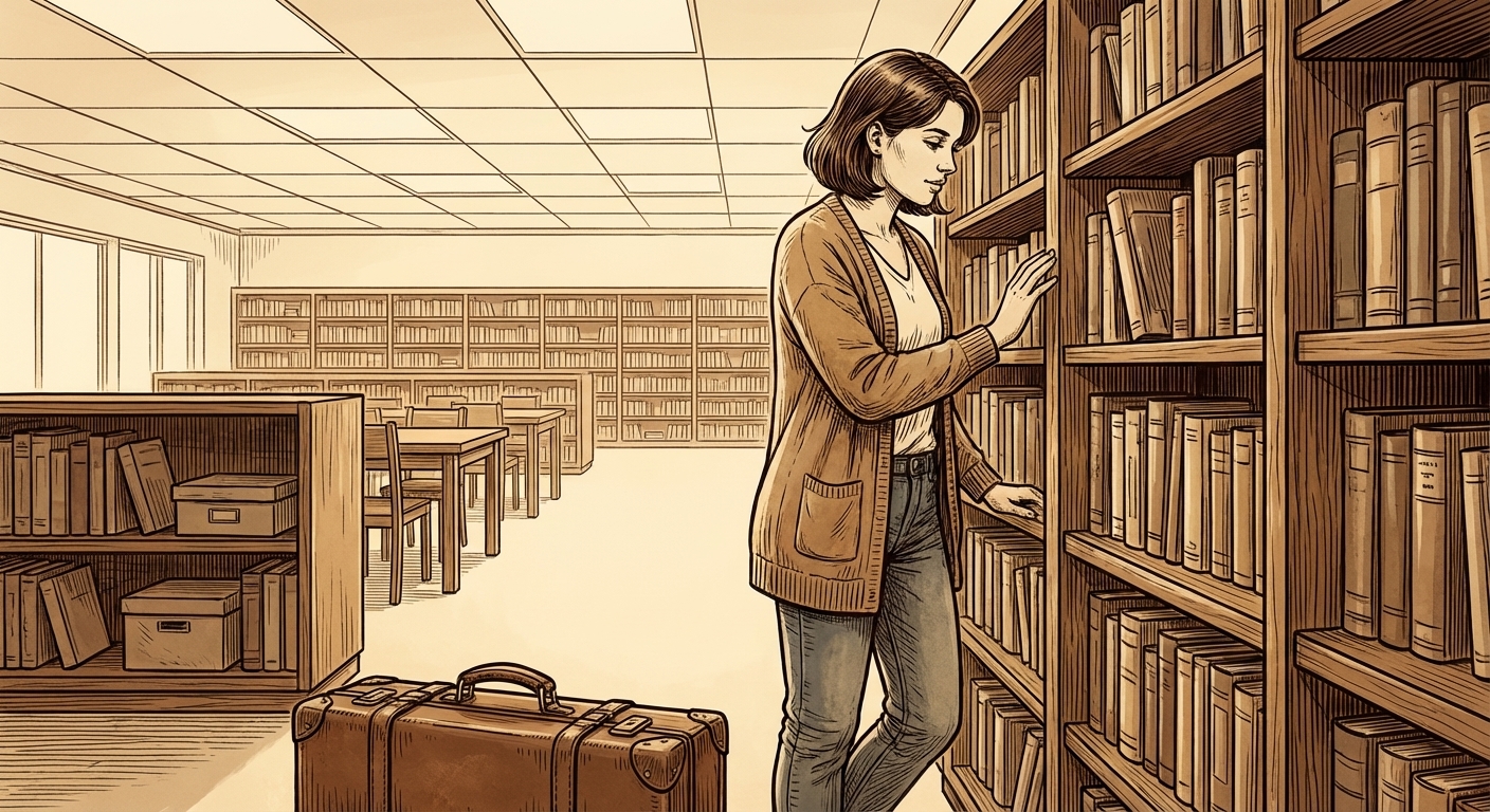 Imagen de una bibliotecaria organizando libros en una biblioteca