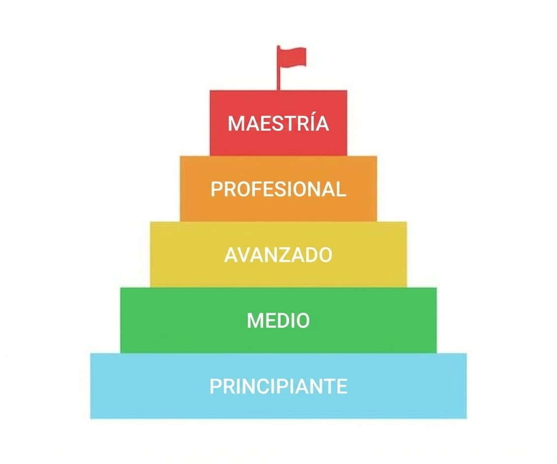 Imagen de una pirámide con niveles de color de principiante a maestro