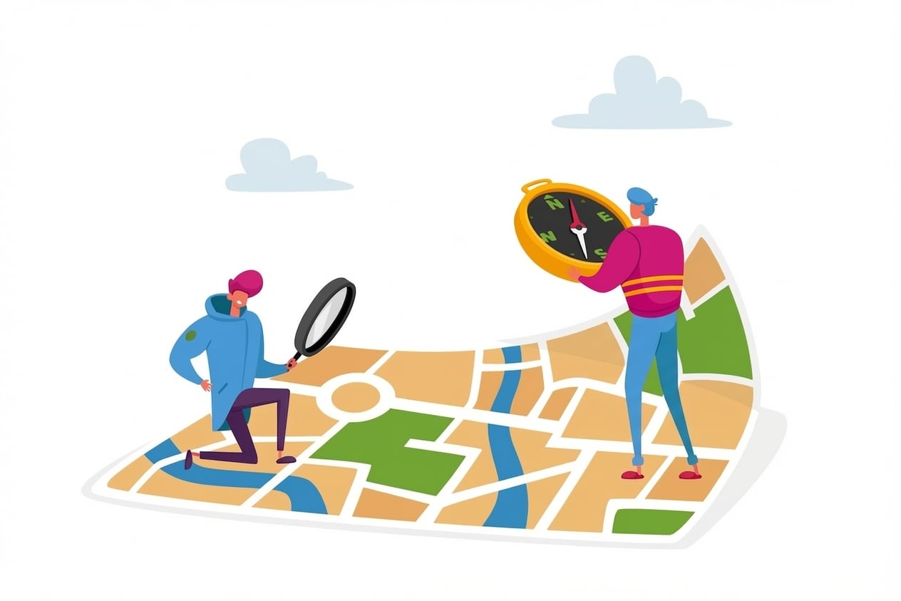 Dos personas estudiando un mapa con una brújula, planificando su ruta