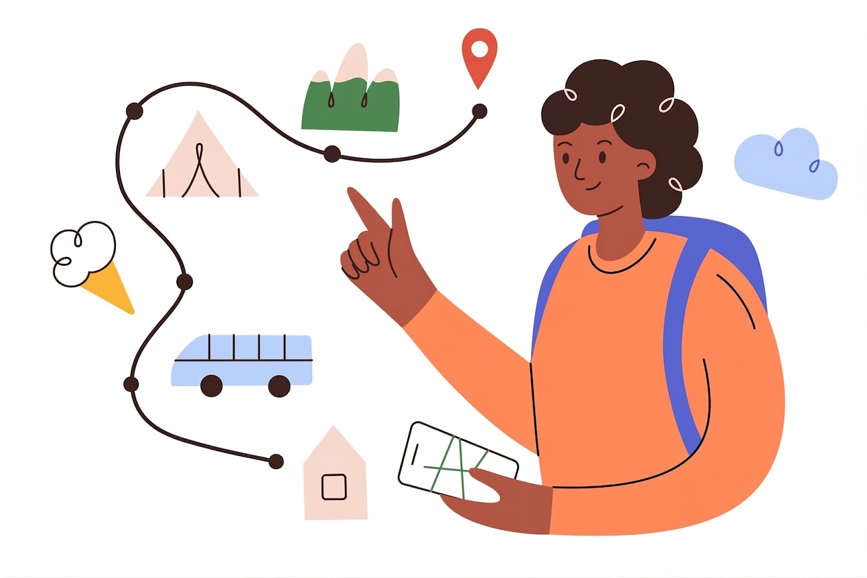 Una persona con mochila y mapa señalando un destino